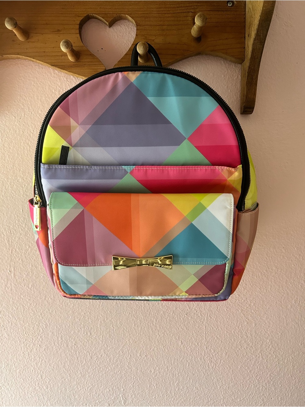 Multicolor Geometric Betsey Johnson Backpack with Gold Bow Accent NWT